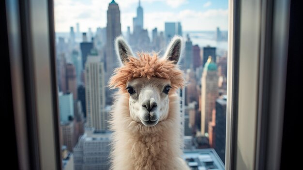 cute lama looking out the window