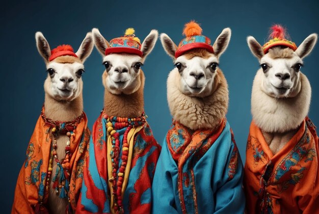 Cute lamas in funny colorful traditional clothes AI generated