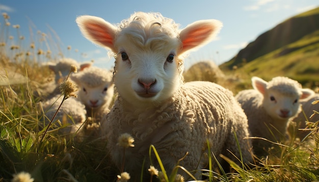 Cute lamb grazing in green meadow surrounded by fluffy sheep generated by artificial intelligence