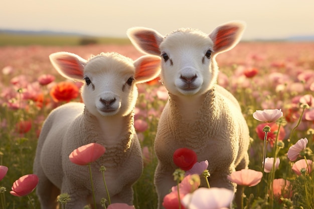 Cute lambs in the flower field