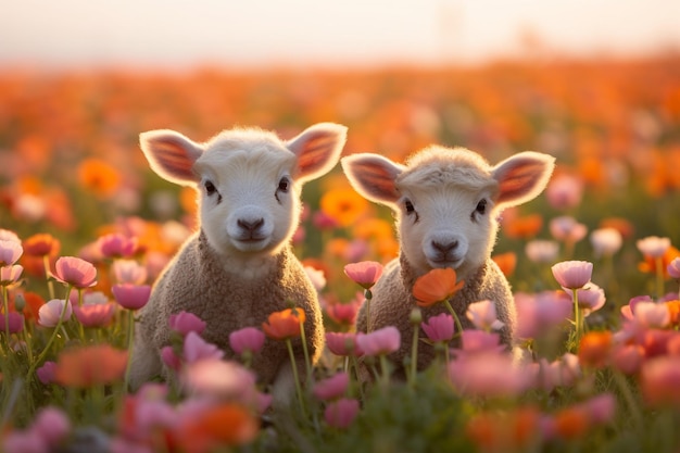 Cute lambs in the flower field