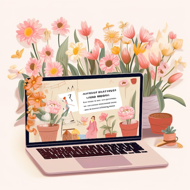 Cute laptop with flowers on a clean background