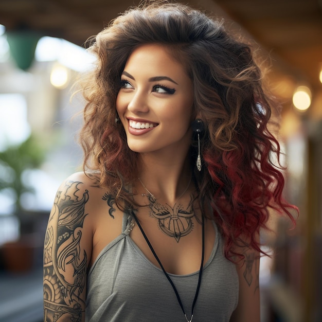 симпатичная латиноамериканка в форме улыбающейся татуированной женщины на тропической воде