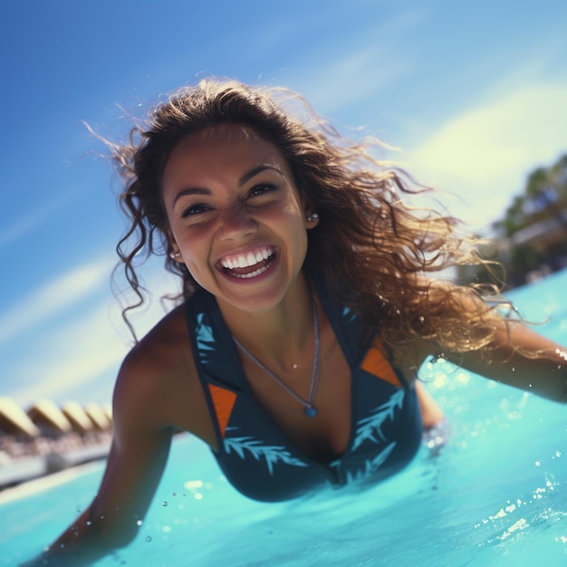 cute latina fit smiling woman on tropical water