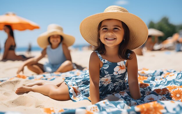 Cute laughing kid laying in the sand enjoying summer