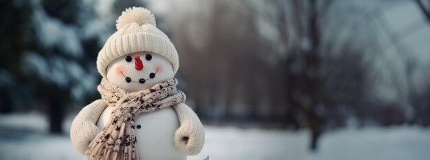 A cute laughing snowman wearing a knit beanie and hat AI Generated