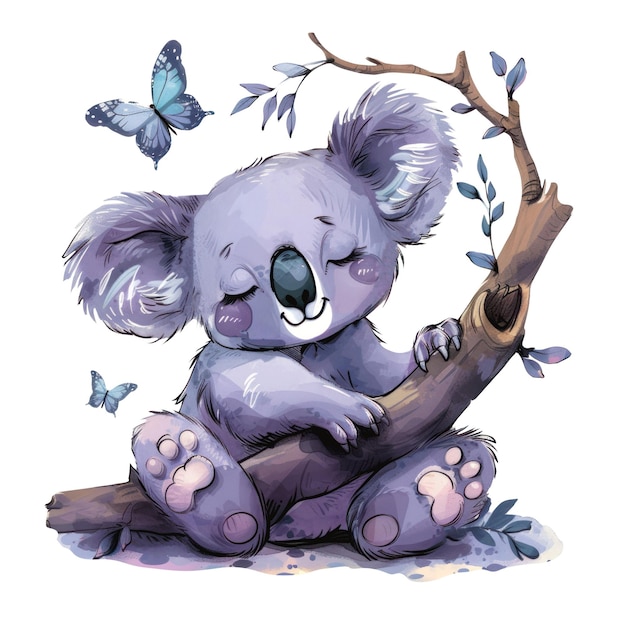 Photo cute lavender bear watercolor baby character illustration of cute animal panda with butterfly clip