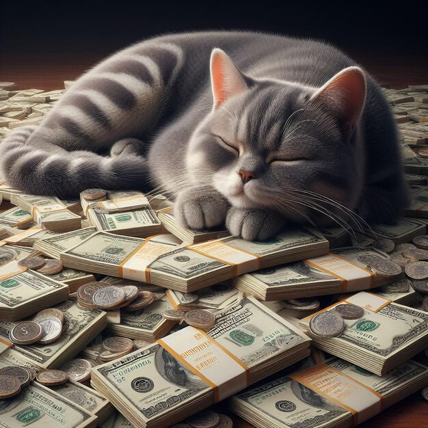 Photo cute lazy cat with money