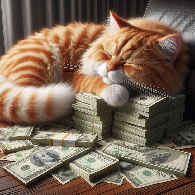 Cute Lazy cat with money