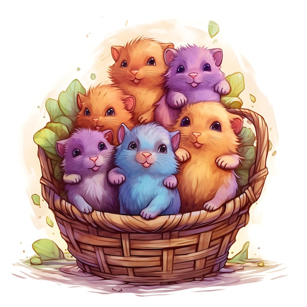 Photo cute lemmings in a basket pastel colors