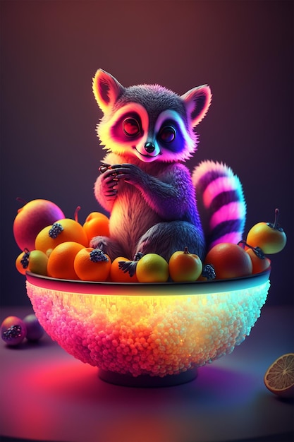 Cute lemur in fruit bowl