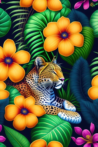 милый леопард спит в тропических джунглях, полных экзотических цветов и листьев