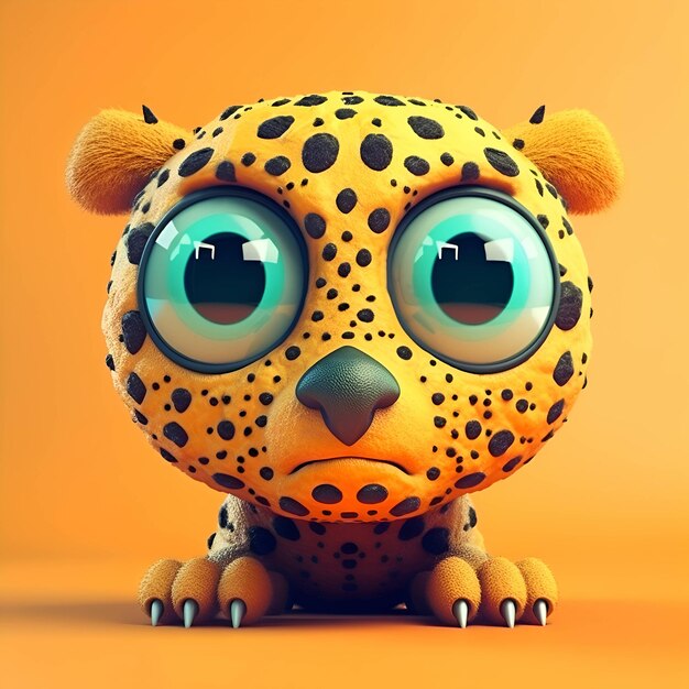 Photo cute leopard with big eyes on orange background 3d illustration