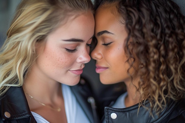 Cute lesbians couple showing love in a park