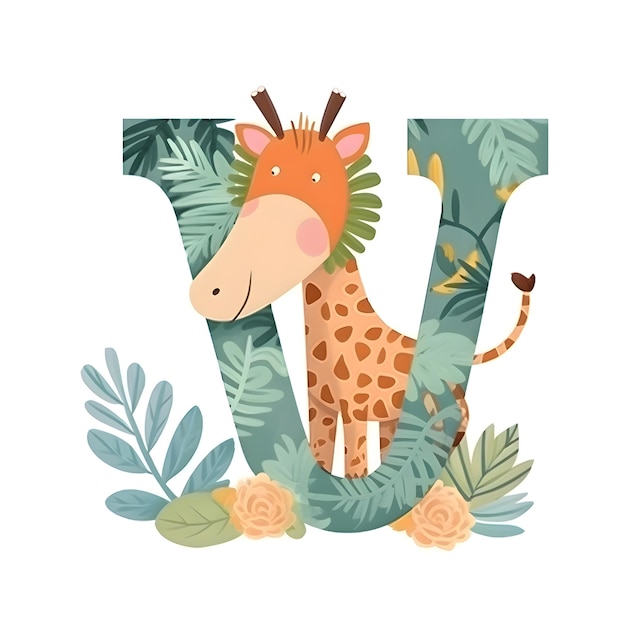 Photo cute letter t with giraffeleaves and flowers vector illustration