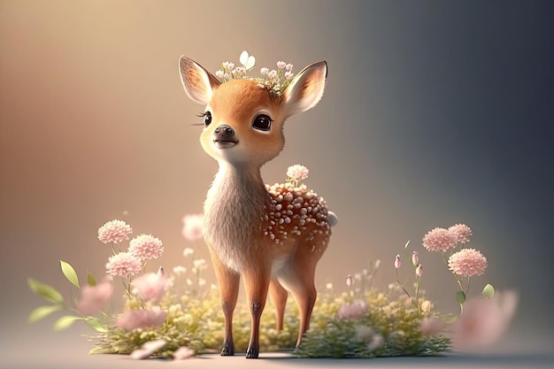 Cute lifelike gracefully jumping baby deer with flowers