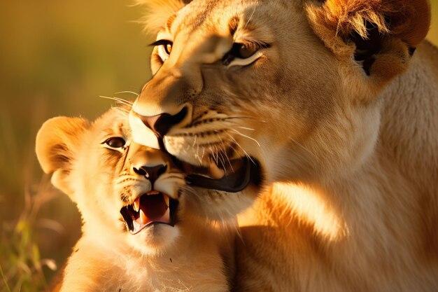 Cute lion cub with mother lion at rest