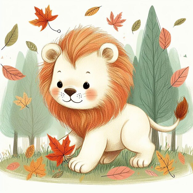 Photo a cute lion handwritten illustration playing with fallcolored leaves with tall trees and green