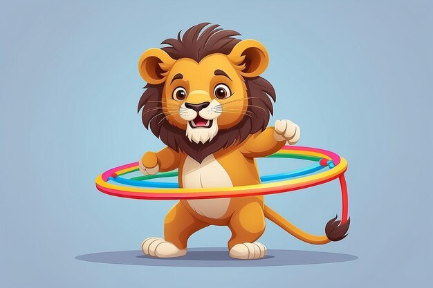 Cute lion playing hula hoop cartoon vector icon illustration animal sport icon concept isolated