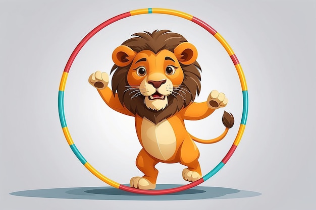 Cute lion playing hula hoop cartoon vector icon illustration animal sport icon concept isolated