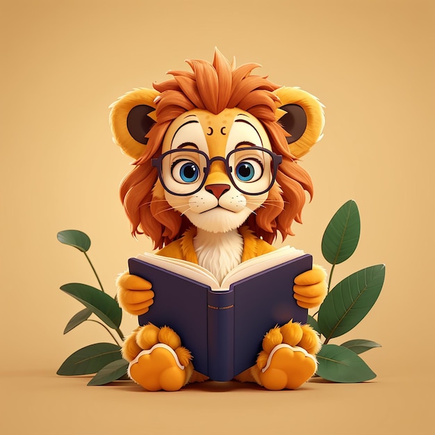 Foto carino libro di lettura del leone con occhiali cartoon icon vector illustrazione