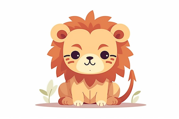 A cute lion with a tail and tail sits on a white background.