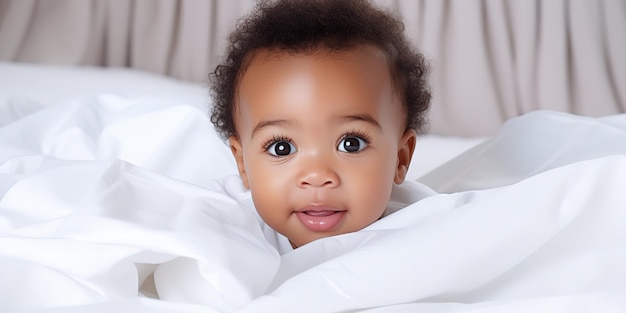 Cute little african american baby in bodysuit lying on white sheets at home