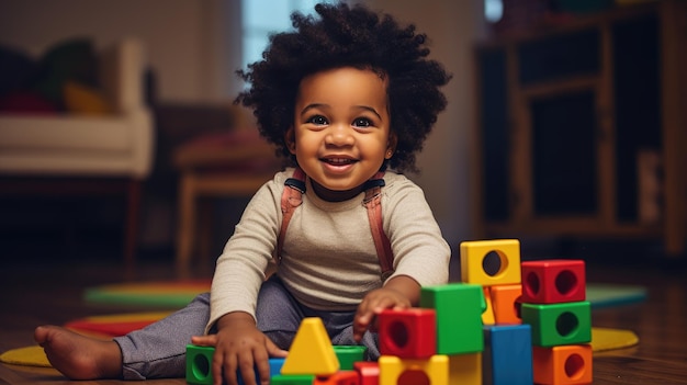 Cute little African American child learning Playing with wooden blocks in the house