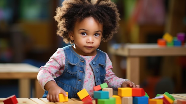 Cute little African American child learning Playing with wooden blocks in the house