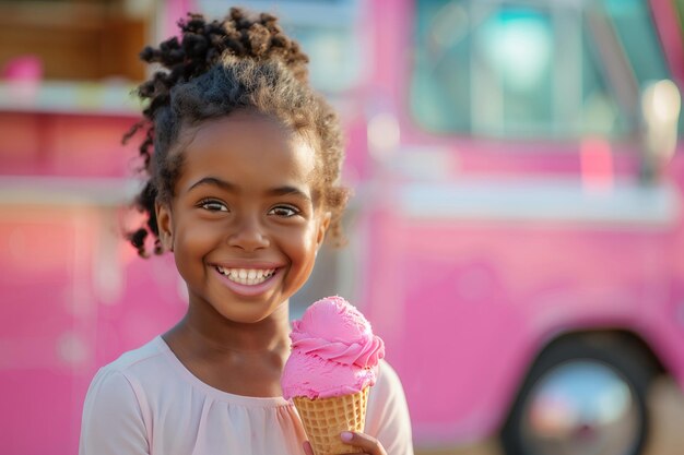 Cute little african american girl holding ice cream in waffel cone pink ...