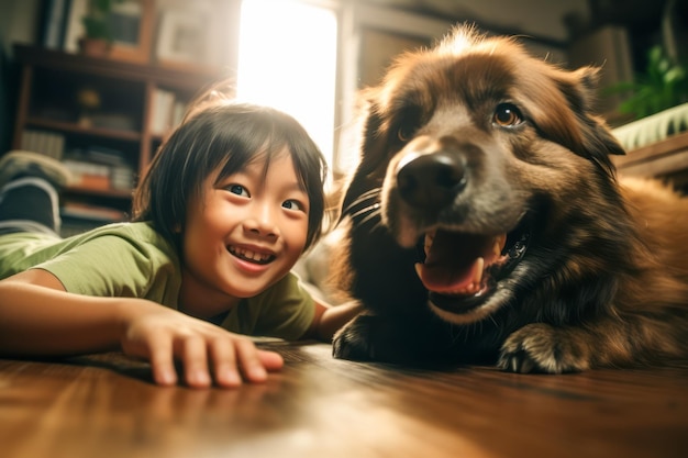 可愛い小さなアジアの男の子が嘘をついて犬と抱きしめている 友情の子供と犬