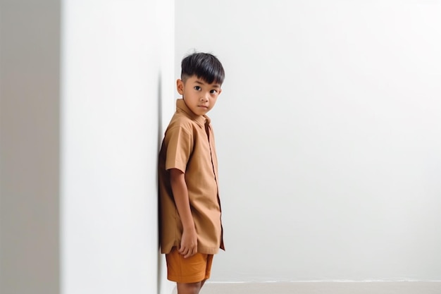 Cute little asian boy thinking pose