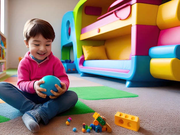 Cute little asian child playing with colorful toys at home