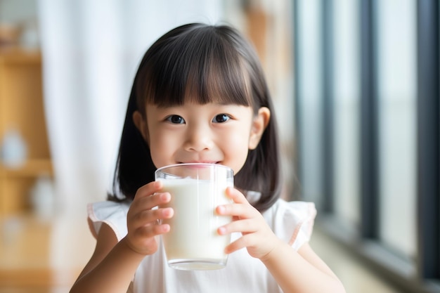 Photo cute little asian girl holding a glass of milk in her hands