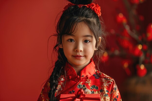 Cute little asian girl holding red gift box for chinese new year celebration