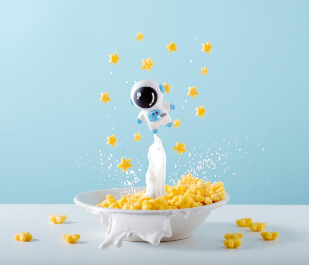 Cute little astronaut is levitating over plate of cornflakes with milk on blue background Creative breakfast concept