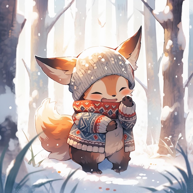 Cute little baby animal in winter snowy forest wearing warm sweater