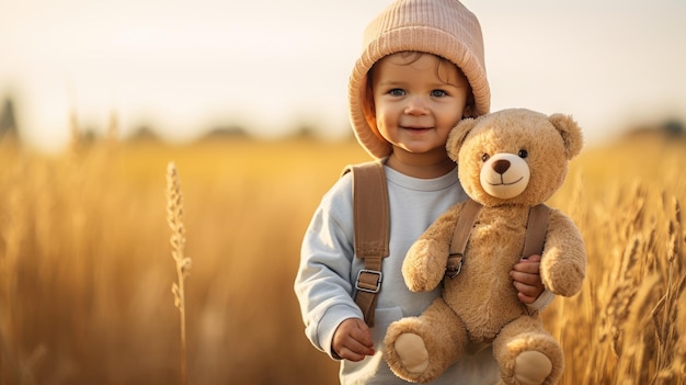 Foto un piccolo bambino carino che abbraccia il suo grande dolce orsacchiotto di peluche mentre cammina e sta fuori