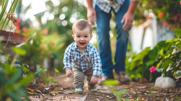 Photo cute little baby boy playing in the garden with his father