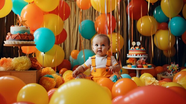 Photo cute little baby boy playing in the room with easter decoration