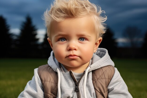 Cute little baby boy with blond hair sitting on the grass and looking at camera close up outdoor evening portrait