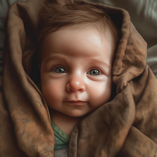 담요 아래 누워 파란 눈을 가진 귀여운 작은 아기를 닫습니다