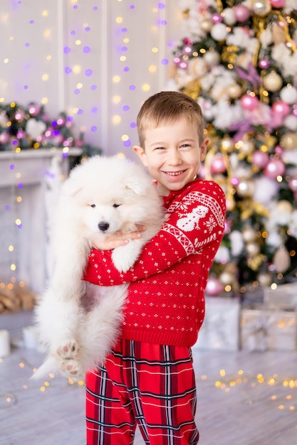 Cute little baby boy with a white Samoyed puppy dog near the Christmas tree, holiday concept, New Year