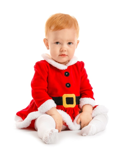 Cute little baby in Christmas costume on white