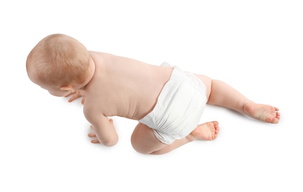 Cute little baby crawling on white background top view