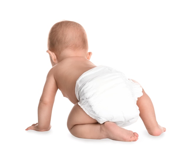 Photo cute little baby in diaper on white background