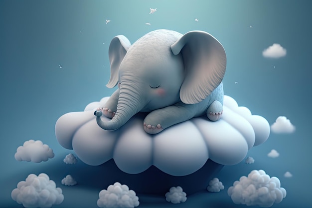 A cute little baby elephant sleeps on a cloud 3d ai generative