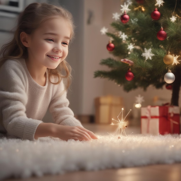 自宅でクリスマスツリーを飾るかわいい女の子のクリスマスツリーを飾るかわいい女の子