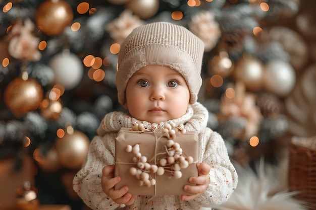 写真 クリスマスの背景のギフトボックスで帽子とスカーフをかぶった可愛い小さな赤ちゃん