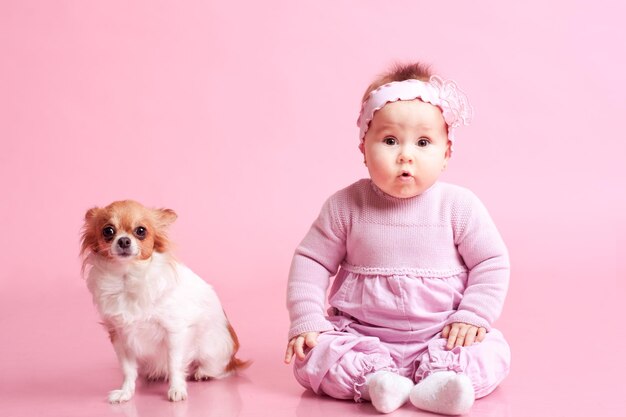 Cute little baby girl posing with chihuahua pet dog